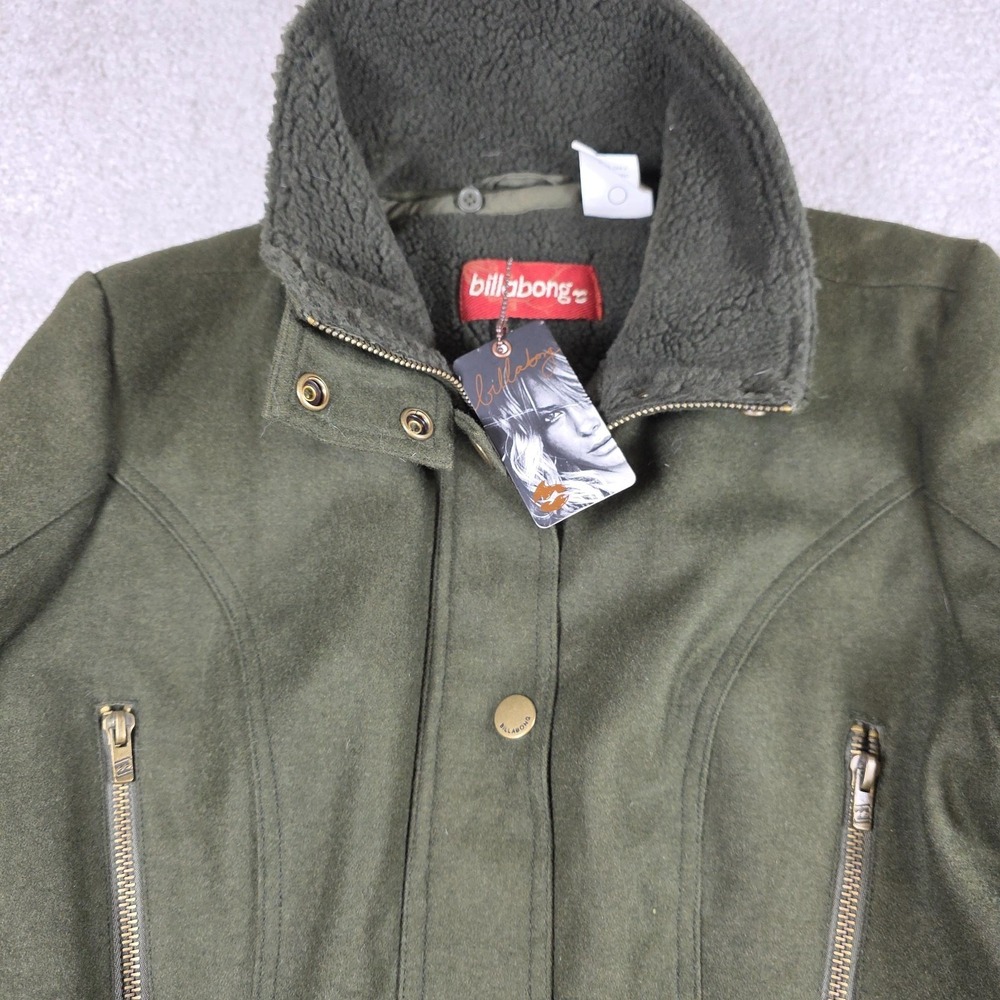 Billabong Utility Jacket Women Large Green Wool Blend Sherpa Collar J710XMIS NEW